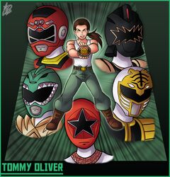  1boy belt black_dino_ranger boots brown_eyes brown_footwear brown_hair commentary_request green_background green_pants green_ranger helmet ian_dimas long_hair mighty_morphin_power_rangers muscular open_mouth pants ponytail pose power_rangers power_rangers_dino_thunder power_rangers_turbo power_rangers_zeo red_turbo_ranger tank_top title tommy_oliver white_ranger white_tank_top zeo_ranger_v_red 