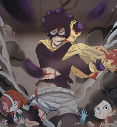  3girls blood blue_gloves blurry boku_no_hero_academia brown_hair cape depth_of_field gloves hagakure_tooru helmet kuromeki-ouji legs_apart male_focus mineta_minoru multiple_girls official_style purple_hair role_reversal rubble short_hair short_shorts shorts smirk standing torn_clothes uraraka_ochako what_if white_shorts yaoyorozu_momo 