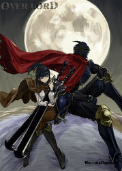  1boy ainz_ooal_gown armor armored_boots black_eyes black_footwear black_hair black_pants blunt_bangs boots breastplate brown_cloak brown_pants cloak commentary_request copyright_name crossed_legs female floating_hair full_armor full_moon gauntlets hair_ribbon hamsuke helmet high_ponytail highres holding holding_sword holding_weapon jun_(rellik_&amp;_redrum) knee_boots long_hair momon_(overlord) moon narberal_gamma overlord_(maruyama) pants red_cloak ribbon riding shirt sidelocks sitting sword weapon white_shirt yellow_ribbon 