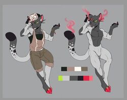  anthro avoid_posting bracelet caindra clothed clothing felid fully_clothed hat headgear headwear jewelry looking_at_viewer male mammal maunoku model_sheet nude off/on rafael simple_background smoke 