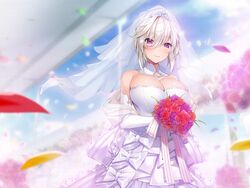  bare_shoulders blurry bouquet breasts bridal_veil cleavage closed_mouth depth_of_field detached_collar dress elbow_gloves embarrassed eve_(meikura) female flower game_cg gloves hair_between_eyes highres huge_breasts looking_at_viewer maid-san_no_iru_kurashi outdoors petals purple_eyes short_hair solo tiara veil wavy_mouth wedding_dress white_dress white_gloves white_hair yaman 