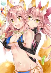  2girls absurdres animal_ear_fluff animal_ears bikini blue_bikini blush bodysuit bow breasts choker cleavage collarbone commentary_request dual_persona ears_through_headwear fate/grand_order fate_(series) fox_ears fox_girl fox_tail glasses grabbing grabbing_another&#039;s_breast grabbing_from_behind groin hair_ribbon hairbow heart heart-shaped_pupils highres hohaku koyanskaya_(assassin)_(first_ascension)_(fate) koyanskaya_(fate) large_breasts long_hair multiple_girls navel nipple_rub nipple_stimulation oerba_yun_fang open_mouth pink_hair ribbon shirt side-tie_bikini_bottom surprised swimsuit symbol-shaped_pupils tail tamamo_(fate) tamamo_no_mae_(swimsuit_lancer)_(fate) underboob very_long_hair yellow_eyes yuri 