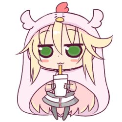  :3 bad_id bad_twitter_id black_pantyhose blonde_hair blush_stickers brown_jacket chibi chicken_costume closed_mouth commentary_request cosplay cup disposable_cup drinking_glass drinking_straw female full_body green_eyes hair_between_eyes himouto!_umaru-chan holding holding_cup hono hood hood_up jacket komaru_(himouto!_umaru-chan) komaru_(himouto!_umaru-chan)_(cosplay) long_hair long_sleeves lowres no_shoes official_art pantyhose skirt sleeves_past_wrists solo sora_(orange_juice) standing suguri transparent_background very_long_hair white_skirt 