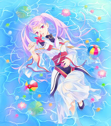  bekkourico braid commentary_request day female floating_hair from_above holding kakumeiki_valvrave lieselotte_w._dorssia long_hair looking_at_viewer lying obi on_back open_mouth outdoors pink_hair red_eyes sash shirt skirt solo twintails very_long_hair wet wet_clothes white_shirt white_skirt 