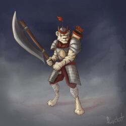  1:1 2019 abs absurd_res anthro armor axe clothed clothing fantasy felid foxyghost fur headgear helmet hi_res male mammal melee_weapon muscular muscular_anthro muscular_male pantherine simple_background solo standing stripes tiger warrior weapon white_body white_fur 