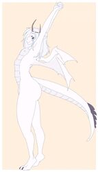  2017 anthro biped closed_eyes crown digital_media_(artwork) dragon european_mythology facial_markings hair head_markings headgear hi_res long_hair male markings mythological_creature mythological_scalie mythology nude scalie simple_background smile solo stretching tail tasla_venhyle wasabitea western_dragon white_hair wings wyvern 