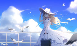  absurdres artist_name bird blonde_hair blue_bow blue_eyes blue_ribbon blue_sky bow bracelet cloud collarbone commentary day dress female floating_hair hair_between_eyes hat hat_bow hat_ribbon highres holding jewelry long_dress long_hair original outdoors ribbon sky sleeveless sleeveless_dress smile solo standing sun_hat sundress very_long_hair white_dress white_hat yumuto_(spring1786) 