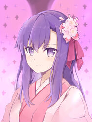  absurdres blush bow cherry_blossoms closed_mouth commentary fate/grand_order fate_(series) female flower hair_between_eyes hair_flower hair_ornament hairbow highres japanese_clothes kasuga_no_tsubone_(fate) kimono kiri_sakura long_hair looking_at_viewer matou_sakura parvati_(fate) pink_flower pink_kimono purple_eyes purple_hair red_bow smile solo upper_body 