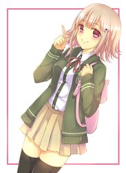  backpack bad_id bad_pixiv_id bag black_thighhighs bow breasts collared_shirt commentary_request danganronpa_(series) danganronpa_2:_goodbye_despair dress_shirt female flipped_hair galaga green_hoodie hair_ornament hairclip holding_strap hood hoodie large_breasts long_sleeves medium_hair nanami_chiaki pink_eyes pink_hair pleated_skirt pointing pointing_up red_bow school_uniform shirt skirt smile solo thighhighs watoson white_background 