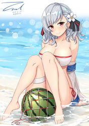  alternate_costume arm_support arms_behind_back beach bikini black_ribbon blurry blush bokeh breasts cleavage closed_mouth collarbone commentary dated day depth_of_field female food fruit full_body girls&#039;_frontline grey_hair hair_ribbon jacket knees_up large_breasts leaning_back long_hair looking_at_viewer ocean off_shoulder official_alternate_costume outdoors photoshop_(medium) red_eyes ribbon sand sidelocks signature sitting skindentation smile solo sparkle spas-12_(girls&#039;_frontline) spas-12_(midsummer_fruit)_(girls&#039;_frontline) swimsuit symbol-only_commentary thigh_strap twintails twitter_username unel watermelon white_bikini 