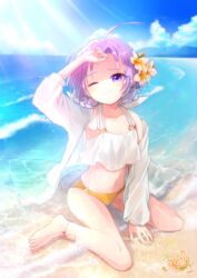  ;) ahoge anklet arm_up barefoot beach between_legs bikini bikini_bottom_only blue_sky braid collarbone commentary_request day female flower full_body hair_flower hair_ornament hand_between_legs hand_up horizon jewelry light_rays long_sleeves navel nia_(nila0513) o-ring o-ring_top ocean official_art omc one_eye_closed outdoors plumeria purple_eyes purple_hair see-through shading_eyes shirt sitting sky smile solo sparkle swimsuit wariza water watermark waves web_address wet white_shirt yellow_bikini 