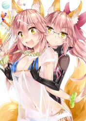  2girls absurdres animal_ear_fluff animal_ears bikini bikini_under_clothes blue_bikini blush bodysuit bow breasts choker cleavage collarbone commentary_request dual_persona ears_through_headwear fate/grand_order fate_(series) fox_ears fox_girl fox_tail glasses grabbing grabbing_another&#039;s_breast grabbing_from_behind groin hair_ribbon hairbow heart heart-shaped_pupils highres hohaku koyanskaya_(assassin)_(first_ascension)_(fate) koyanskaya_(fate) large_breasts long_hair multiple_girls navel nipple_rub nipple_stimulation oerba_yun_fang open_mouth pink_hair ribbon shirt side-tie_bikini_bottom surprised swimsuit symbol-shaped_pupils t-shirt tail tamamo_(fate) tamamo_no_mae_(swimsuit_lancer)_(fate) tamamo_no_mae_(swimsuit_lancer)_(second_ascension)_(fate) underboob very_long_hair wet wet_clothes wet_shirt yellow_eyes yuri 