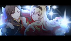  2girls black_hairband blonde_hair blue_bow bow brown_eyes brown_hair cape commentary floating_hair fur_trim gemi_25 hair_between_eyes hairband hairbow highres letterboxed long_hair looking_at_viewer multiple_girls parted_lips purple_eyes red_cape saijou_claudine shoujo_kageki_revue_starlight smile tendou_maya uniform upper_body very_long_hair yuri 