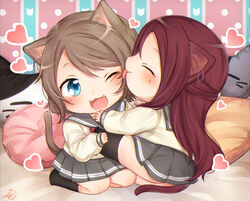  2girls ;3 absurdres animal_ears artist_logo bad_id bad_pixiv_id black_socks blue_eyes blush bow brown_hair cat-shaped_pillow cat_ears cat_girl cat_tail chibi chromatic_aberration commentary_request fangs grey_skirt half_updo heart highres kemonomimi_mode licking long_hair long_sleeves love_live! love_live!_sunshine!! mkzk_nagi multiple_girls one_eye_closed open_mouth pillow pleated_skirt polka_dot polka_dot_background red_bow red_hair sakurauchi_riko school_uniform serafuku short_hair skirt socks striped striped_background tail thighhighs tongue tongue_out uranohoshi_school_uniform watanabe_you yuri 