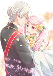  1boy bekkourico black_jacket carrying commentary_request couple dress elbow_gloves eye_contact female floating_hair flower formal gloves hair_flower hair_ornament happy_birthday jacket kakumeiki_valvrave l-elf lieselotte_w._dorssia long_dress long_hair looking_at_another makeup mascara parted_bangs petals pink_hair princess_carry purple_eyes red_eyes rose sash sleeveless sleeveless_dress straight twintails wedding_dress white_background white_dress white_gloves white_hair yellow_flower yellow_rose 