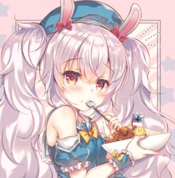  animal animal_ears azur_lane bare_shoulders beret bird blue_hat blue_shirt blue_sleeves blush bow bowtie chick choker closed_mouth commentary_request curry curry_rice detached_sleeves female fingernails flag food food_on_face frilled_sleeves frills hair_between_eyes hair_ornament hairbow hat holding holding_plate holding_spoon laffey_(azur_lane) laffey_(bunny_clerk?)_(azur_lane) long_hair looking_at_viewer looking_to_the_side manjuu_(azur_lane) notice_lines official_alternate_costume plate puffy_short_sleeves puffy_sleeves rabbit_ears rabbit_hair_ornament red_bow red_eyes rice rice_on_face sailor_collar school_uniform serafuku shirt short_sleeves solo spoon star_(symbol) suzunone_rena twintails upper_body wavy_hair white_hair white_sailor_collar wrist_cuffs yellow_bow yellow_bowtie 