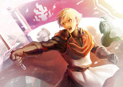  4boys armor battle_standard belt blonde_hair brown_eyes brown_gloves cape commentary_request dwight_the_king_of_steel dylan_the_island_king flag gloves helmet holding holding_sword holding_weapon male_focus mizuki_apple multiple_boys pixiv_fantasia pixiv_fantasia_last_saga red_cape standing sword weapon 