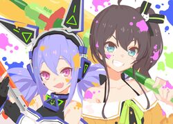  2girls absurdres ahoge bare_shoulders black_ribbon blue_eyes blue_hair blush blush_stickers brown_hair collarbone commentary detached_sleeves gloves grin hair_between_eyes hair_ornament hair_ribbon headphones highres holding holding_weapon hololive ink_on_face iriam izumi_sai long_hair looking_at_viewer multiple_girls natsuiro_matsuri natsuiro_matsuri_(1st_costume) no_lineart oerba_yun_fang open_mouth orange_shirt partially_fingerless_gloves red_eyes ribbon shirt short_hair side_ponytail skin_fang smile splatoon_(series) strap teeth tsumugi_nia twintails upper_body virtual_youtuber weapon 