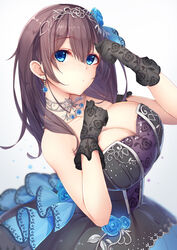  bare_shoulders black_dress black_gloves blue_eyes blue_flower blue_ribbon blue_rose blush breasts brown_hair cleavage collarbone commentary_request diadem dress elbow_gloves embroidery eyes_visible_through_hair female floral_print flower from_above from_side gloves hair_between_eyes hair_ribbon head_tilt highres idolmaster idolmaster_cinderella_girls idolmaster_cinderella_girls_starlight_stage jewelry large_breasts long_hair looking_at_viewer ribbon rose rose_print sagisawa_fumika sash silver_trim simple_background smile solo stenciled_rose tatapopo upper_body white_background 