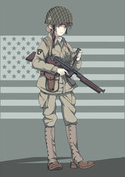  101st_airborne american_flag american_flag_background ammunition_pouch blue_eyes boots brown_footwear brown_jacket brown_pants chin_strap closed_mouth combat_helmet commentary english_commentary etmc1992 female finger_on_trigger flag_background full_body gaiters green_helmet grey_background gun helmet holding holding_gun holding_magazine_(weapon) holding_weapon holster insignia jacket light_brown_hair long_sleeves looking_at_viewer looking_to_the_side m1_helmet magazine_(weapon) military military_jacket military_uniform original pants pants_tucked_in patch pouch short_hair shoulder_patch soldier solo spade_(shape) standing submachine_gun thompson_submachine_gun undone_chin_strap uniform unit_patch united_states_army weapon 