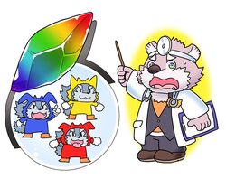  2017 anthro bear blush canid canine canis clothed clothing doctor dr._mario fur group hati_(tas) humanoid_hands jambavan_(tas) lifewonders male mammal mario_bros nintendo parody pink_body pink_fur star_parlor tokyo_afterschool_summoners tongue tongue_out wolf 