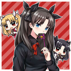  3girls artist_name black_bow black_shirt blue_eyes blush bow bowtie box brown_hair commentary covering_own_mouth ereshkigal_(fate) fate/grand_order fate/stay_night fate_(series) hair_between_eyes hairbow holding holding_box ishtar_(fate) kelinch1 long_hair long_sleeves looking_at_viewer multiple_girls red_background red_bow red_bowtie shirt striped striped_background tohsaka_rin two_side_up upper_body valentine 