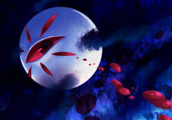  attack black_clouds blood blue_background cloud commentary_request dark dark_background dark_clouds kirby&#039;s_dream_land_3 kirby_(series) kurosiro looking_at_viewer no_humans one-eyed red_eyes solo zero_(kirby) 