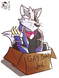  2019 3:4 anthro biped box canid canine canis clothed clothing container degradation english_text eye_patch eyewear hi_res male mammal meme nintendo signature simple_background sitting solo star_fox super_smash_bros. text ventkazemaru whiskers white_background wolf wolf_o&#039;donnell 