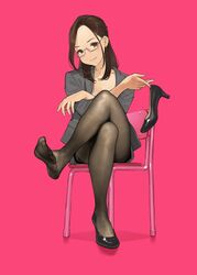  brown_eyes brown_hair chair coat collarbone commentary_request earrings feet female formal glasses high_heels highres jewelry light_smile long_hair looking_at_viewer miru_tights nail_polish no_shoes okuzumi_yuiko pantyhose pencil_skirt pink_background school_chair shoes simple_background single_shoe sitting skirt skirt_suit solo suit teacher unworn_shoes yomu_(sgt_epper) 