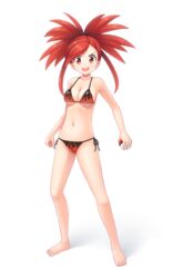  :d aposine bare_arms bare_legs bare_shoulders barefoot bikini breasts collarbone commentary female fingernails flame_print flannery_(pokemon) full_body highres holding holding_poke_ball long_hair looking_at_viewer medium_breasts midriff navel open_mouth poke_ball pokemon pokemon_rse red_eyes red_hair round_teeth side-tie_bikini_bottom simple_background smile solo standing swimsuit teeth toenails toes tongue upper_teeth_only white_background 