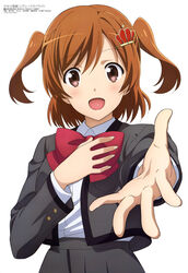  :d absurdres aijou_karen blush bow bowtie breast_pocket breasts brown_eyes collared_shirt crown_hair_ornament eyes_visible_through_hair female fingernails grey_jacket grey_skirt hair_between_eyes hand_on_own_chest highres jacket light_brown_hair looking_at_viewer magazine_scan medium_breasts megami_magazine noguchi_takayuki official_art open_hand open_mouth outstretched_hand pocket red_bow red_bowtie scan school_uniform seishou_music_academy_uniform shirt shirt_tucked_in shoujo_kageki_revue_starlight simple_background skirt smile solo tongue two_side_up white_background white_shirt 