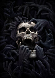  adlovett commentary dark deviantart_username english_commentary fingernails hands highres holding holding_skull horror_(theme) jaw open_hand original photoshop_(medium) pulling reaching signature skull teeth too_many 