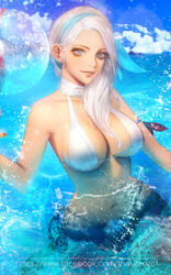  armband blue_hairband breasts character_request cloud collarbone commentary copyright_request day earrings english_commentary female hairband halterneck highres jewelry large_breasts lips long_hair looking_at_viewer makeup mole mole_on_breast mole_under_eye nail_polish navel ocean partially_submerged sky smile solo splashing swimsuit thaumazo water white_eyes white_hair 