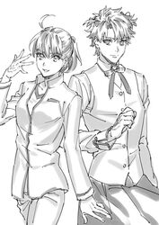  1boy ahoge clenched_hand command_spell cosplay crossdressing emiya_shirou emiya_shirou_(cosplay) empty_eyes fate/grand_order fate/stay_night fate_(series) female fujimaru_ritsuka_(female) fujimaru_ritsuka_(male) greyscale height_difference homurahara_academy_school_uniform monochrome ponytail school_uniform skirt tohsaka_rin tohsaka_rin_(cosplay) two_side_up uniform yukiyago 