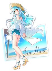  aqua_hair ara_haan arm_behind_back bad_id bad_twitter_id detached_sleeves elsword female hat highres icedango_(dpopic3) long_hair photo_(object) smile straw_hat summer yellow_eyes 