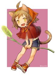  :d ahoge animal_ears brown_hair capelet cat_ears cat_tail female female kiitos oerba_yun_fang open_mouth original shoes short_hair shorts smile sneakers solo tail twitter_username 