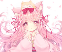  animal animal_ear_fluff animal_ears animal_on_head azur_lane bad_id bad_pixiv_id bow canine cat_ears cherry_blossoms clenched_hands commentary dog_on_head female flower fur_collar hair_flower hair_ornament hair_ribbon hairbow japanese_clothes kimono kisaragi_(azur_lane) kisaragi_(new_year&#039;s_wish)_(azur_lane) long_hair long_sleeves obi on_head petals pink_bow pink_eyes pink_flower pink_hair pink_kimono pink_sash polka_dot polka_dot_bow ribbon sash shiba_inu sidelocks solo very_long_hair white_background wide_sleeves yorica 