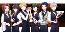  6+boys alcohol bartender black_bow black_bowtie black_hair black_necktie black_pants black_vest blonde_hair blue_eyes blue_hair bow bowtie brown_eyes cherry cocktail cocktail_glass commentary_request cup dark_blue_hair drinking_glass ensemble_stars! food fruit fushimi_yuzuru green_eyes green_hair grey_hair grey_vest heterochromia isara_mao kagehira_mika long_sleeves looking_at_viewer male_focus mochiko_(mochiko3121) multiple_boys narukami_arashi necktie ogami_koga open_mouth pants red_bow red_bowtie red_hair red_necktie sakuma_ritsu shirt short_hair simple_background smile standing striped striped_necktie towel traditional_bowtie vertical_stripes vest white_shirt 