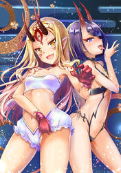  2girls alternate_costume alto_seneka bikini blonde_hair blunt_bangs choker commentary_request contrapposto facial_mark fate/grand_order fate_(series) forehead_mark frilled_bikini frills gloves horns ibaraki_douji_(fate) long_hair looking_at_viewer multiple_girls navel oerba_yun_fang oni open_mouth pointy_ears purple_eyes purple_hair red_choker red_gloves revealing_clothes saliva shuten_douji_(fate) skin-covered_horns standing strapless swimsuit tongue tongue_out white_bikini yellow_eyes 