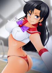  ass bikini bishoujo_senshi_sailor_moon black_hair blue_eyes blurry blurry_background blurry_foreground breasts butt_crack closed_mouth commentary_request covered_nipples crop_top depth_of_field earrings elbow_gloves female from_behind gloves highres hino_rei holding impossible_clothes impossible_shirt indoors jewelry light_blush long_hair looking_at_viewer looking_back medium_breasts nanashi_noiji photoshop_(medium) pool pose reaching reaching_towards_viewer red_bikini sailor_bikini sailor_collar sailor_mars sailor_moon_narikiri_bra_set sailor_senshi_uniform selfie shirt smile solo standing star_(symbol) star_earrings swimsuit twisted_torso white_gloves 