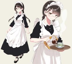  apron back_bow black_dress black_footwear black_hair blush bow braid breasts brown_hair closed_eyes coffee_maker coffee_siphon commentary cowboy_shot cup dress female frilled_apron frills full_body glasses grey_background hanae_haruka holding holding_tray jimiko long_hair looking_at_viewer looking_down maid maid_headdress medium_breasts multiple_views original simple_background sleeves_pushed_up sleeves_rolled_up smile standing steam tea teacup tray twin_braids white_apron white_bow white_legwear 