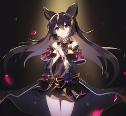  animal_ears bare_shoulders black_hair black_skirt choker commentary crying crying_with_eyes_open ear_piercing erune female granblue_fantasy hair_between_eyes long_hair nier_(granblue_fantasy) petals piercing red_eyes robe rose_petals scrunchie sharlorc skirt tears 