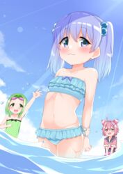  3girls :3 :d absurdres ahoge arm_up bad_id bad_pixiv_id bare_arms bare_shoulders bikini black_bow black_one-piece_swimsuit black_sailor_collar blue_bikini blue_eyes blue_hair blue_sky blush bow cacao_(chocolat) casual_one-piece_swimsuit closed_mouth cloud collarbone commentary day fingernails frilled_bikini frilled_one-piece_swimsuit frills green_eyes green_hair green_one-piece_swimsuit groin hair_between_eyes hair_bobbles hair_ornament highres long_hair morinaka_kazaki multiple_girls navel nijisanji one-piece_swimsuit open_mouth outdoors outstretched_arm pink_hair red_eyes red_shirt round_teeth sailor_collar shirt short_hair short_sleeves side-tie_bikini_bottom sky smile standing strapless strapless_bikini swimsuit swimsuit_under_clothes teeth twintails upper_teeth_only ushimi_ichigo v_arms virtual_youtuber wading water wet yuuki_chihiro 