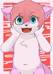  absurd_res anthro blue_eyes chest_tuft cute_fangs cynxie_(artist) domestic_cat excited felid feline felis fur hair hand_on_face hi_res looking_at_viewer male mammal navel naz_namaki_(cynxie) open_mouth pillarbox pink_body pink_fur red_hair simple_background solo tuft white_body white_fur young young_anthro 