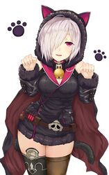  absurdres animal_ears breasts cape cat_ears cleavage commentary_request female fur_trim hair_over_one_eye highres hood hood_up hoodie large_breasts legs long_sleeves looking_at_viewer parted_lips red_eyes shadowverse shingeki_no_bahamut short_hair simple_background solo thighhighs thighs white_hair wizardess_of_oz yamato_(muchuu_paradigm) 