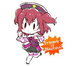  :t black_choker black_footwear blush_stickers bow checkered chibi choker clenched_hands commentary cross-laced_clothes detached_sleeves english_text female flat_color full_body hat idol kinmirai_happy_end kiyose_akame kurosawa_ruby love_live! love_live!_sunshine!! pink_bow red_hair ribbon-trimmed_sleeves ribbon_trim simple_background skirt solo standing standing_on_one_leg thighhighs two_side_up v-shaped_eyebrows white_background white_thighhighs |_| 