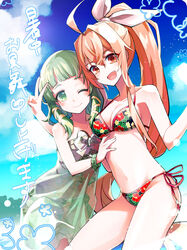  2girls anduran_(elsword) bad_id bad_pixiv_id breasts cleavage elsword flat_chest green_eyes green_hair highres icedango_(dpopic3) ignia_(elsword) long_hair medium_breasts multiple_girls oerba_yun_fang one_eye_closed orange_eyes orange_hair priestess short_hair smile swimsuit v 