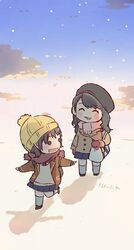  2girls :d ^_^ akb48 backpack bag beanie black_eyes black_hair black_headwear blue_skirt blush brown_coat brown_scarf buttons chibi closed_eyes coat commentary_request double-breasted hat highres holding holding_bag kneehighs long_hair long_sleeves miniskirt mittens mole mole_under_eye multiple_girls oerba_yun_fang ooshima_ryouka oowada_nana open_mouth outdoors outstretched_arms pink_scarf pleated_skirt real_life scarf shoulder_bag skirt smile snow snowing socks spread_arms standing taneda_yuuta walking winter winter_clothes yellow_headwear 