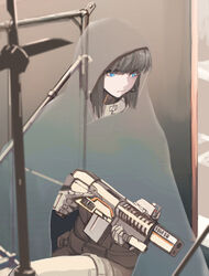  belt black_hair blue_eyes blunt_bangs camouflage cloak commentary_request expressionless female gloves gun highres holding holding_gun holding_weapon invisibility_cloak invisible looking_to_the_side magazine_(weapon) military military_uniform optical_camouflage original pixelated pouch rifle science_fiction short_hair soldier solo squatting transparent trigger_discipline uniform uusquid weapon 