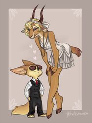  alternative_fashion antelope anthro barefoot bent_over bovid business_suit canid canine clothed clothing disney dress duo eyewear feet female fennec_fox finnick_(zootopia) flapper fox gazelle gazelle_(zootopia) grant&#039;s_gazelle hand_in_pocket hands_in_both_pockets heart_symbol horn inner_ear_fluff jewelry looking_up male mammal nanger necklace pockets simple_background size_difference skimpy smile suit sunglasses true_antelope true_fox tuft yelnatsdraws zootopia 